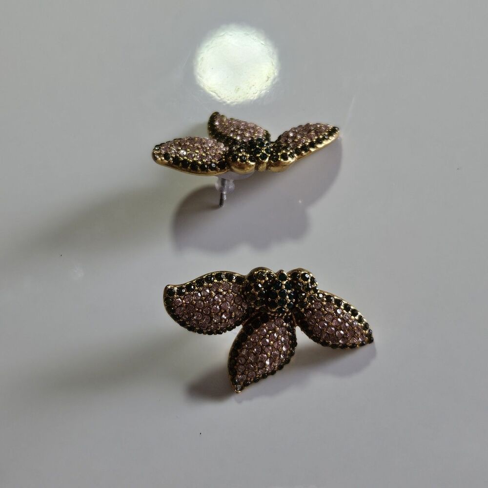STELLA & DOT Flower Pink Green Pave Rhinestone Pierced Earrings - Picture 12 of 12